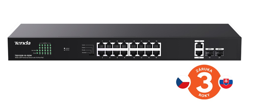 Tenda TEG1120P-16-150W PoE+ Gigabit switch 16x 1Gb/s PoE+ 802.3af/at + 2x SFP + 2x RJ45, 135W, Rack