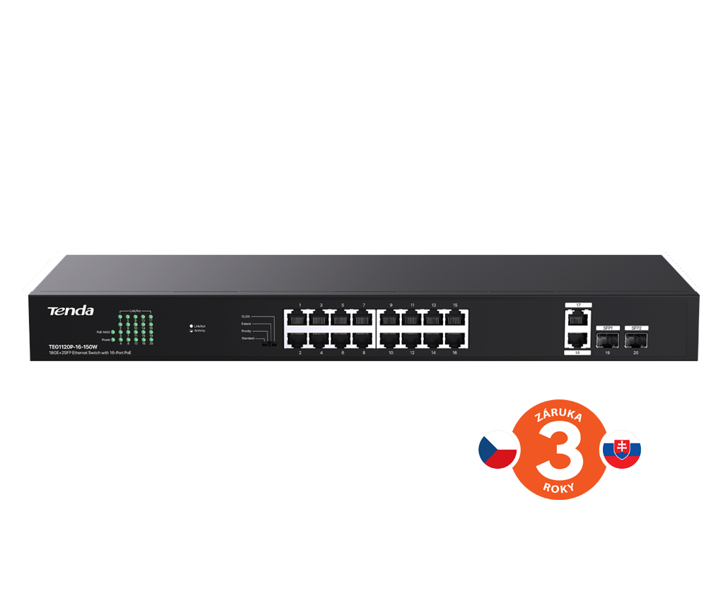 Obrázek Tenda TEG1120P-16-150W PoE+ Gigabit switch 16x 1Gb/s PoE+ 802.3af/at + 2x SFP + 2x RJ45, 135W, Rack