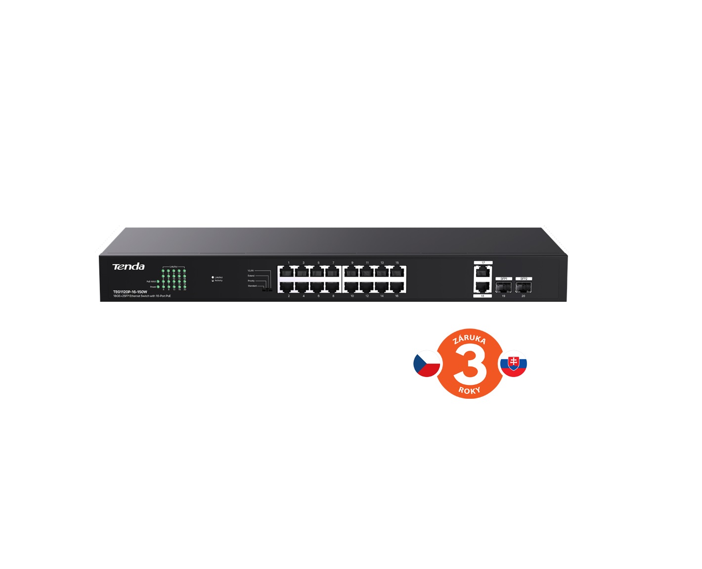 Obrázek Tenda TEG1120P-16-150W PoE+ Gigabit switch 16x 1Gb/s PoE+ 802.3af/at + 2x SFP + 2x RJ45, 135W, Rack