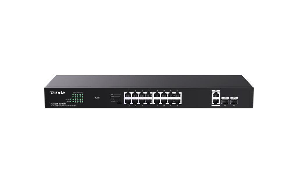 Obrázek Tenda TEG1120P-16-150W PoE+ Gigabit switch 16x 1Gb/s PoE+ 802.3af/at + 2x SFP + 2x RJ45, 135W, Rack