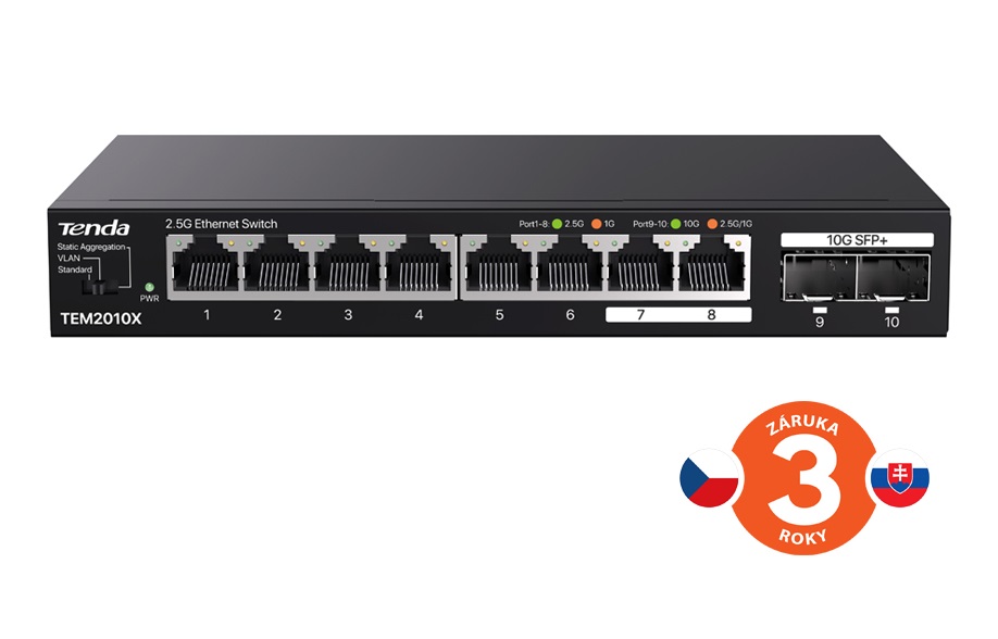 Tenda TEM2010X - Multi-gigabit switch, 8x 2.5G RJ45 + 2x 10G SFP+ port, MAC 16K, ochrana 6kV