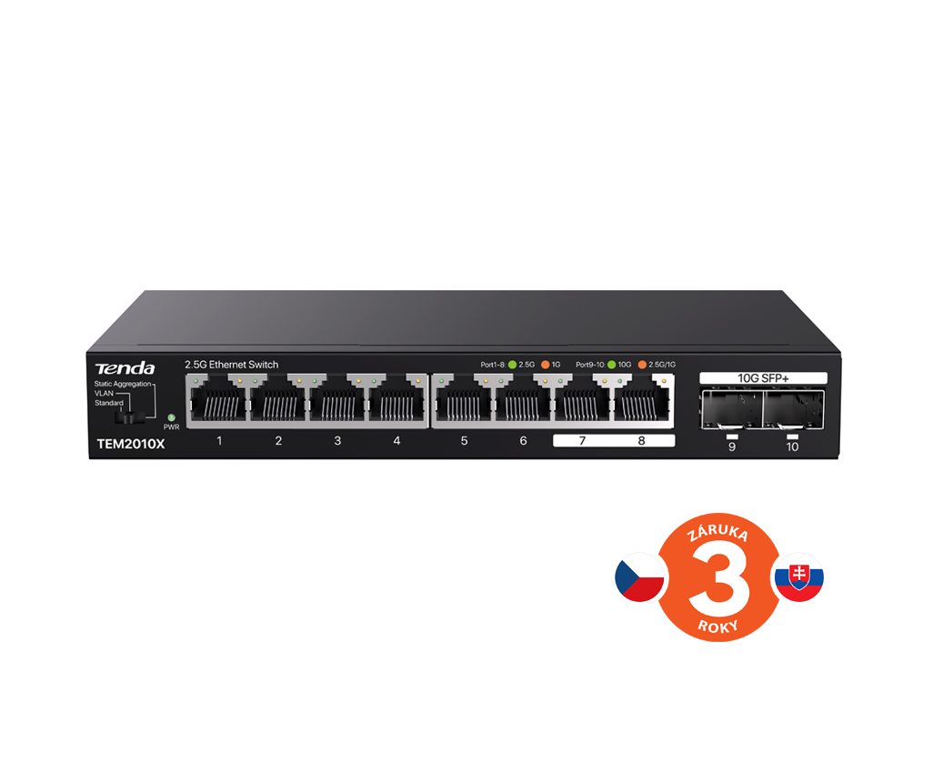 Obrázek Tenda TEM2010X - Multi-gigabit switch, 8x 2.5G RJ45 + 2x 10G SFP+ port, MAC 16K, ochrana 6kV