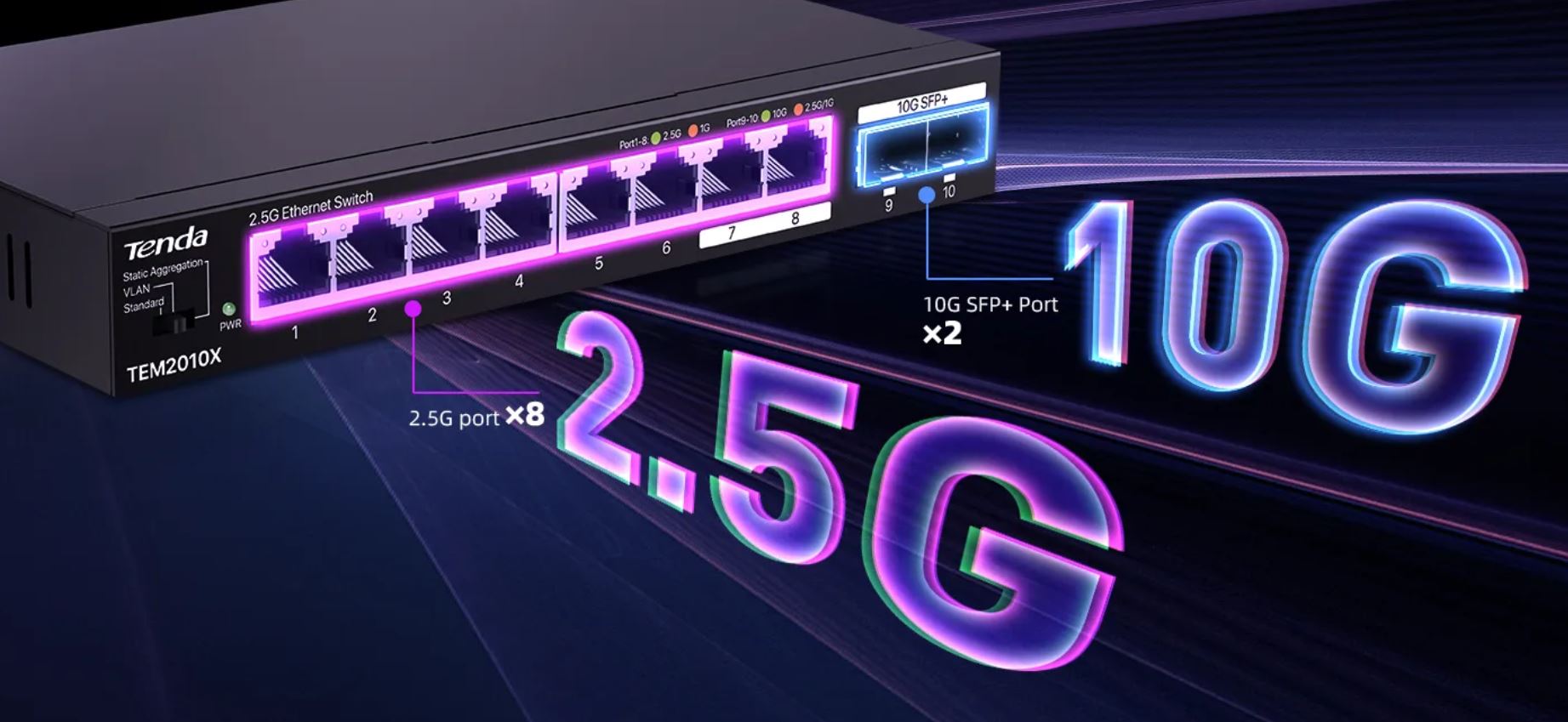 Obrázek Tenda TEM2010X - Multi-gigabit switch, 8x 2.5G RJ45 + 2x 10G SFP+ port, MAC 16K, ochrana 6kV