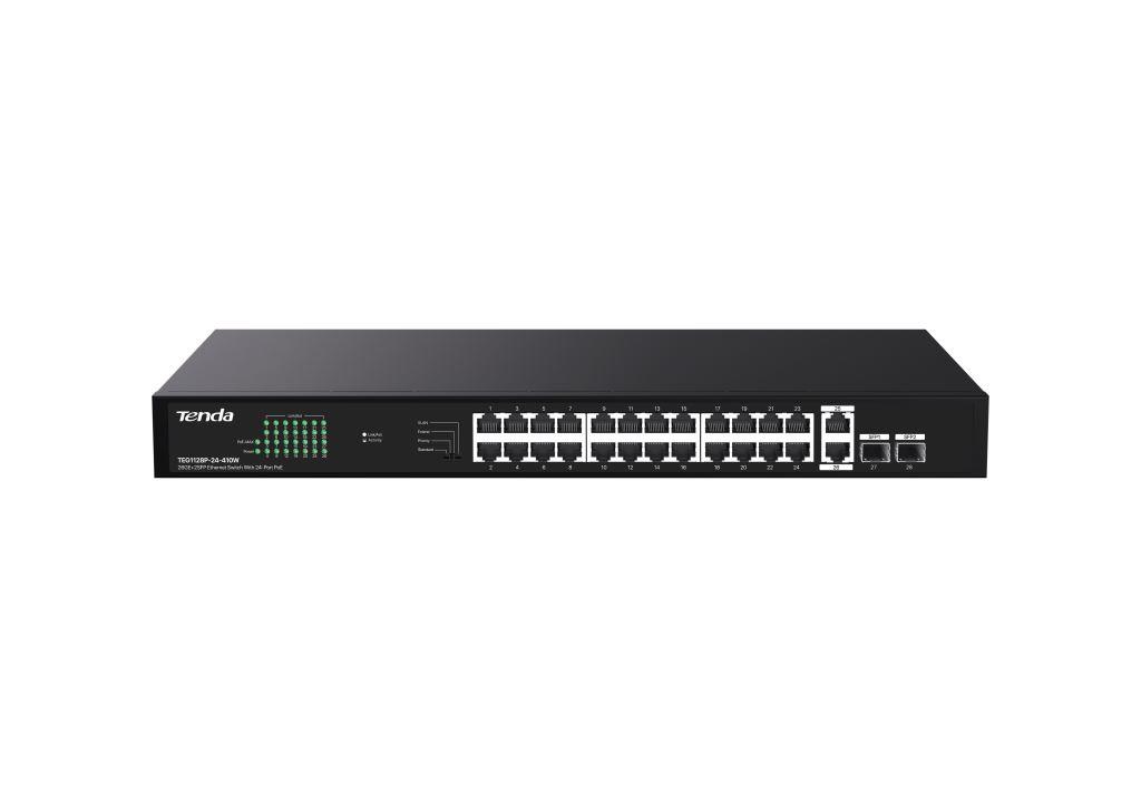 Obrázek Tenda TEG1128P-24-410W PoE+ Gigabit switch 24x 1Gb/s PoE+ 802.3af/at + 2x SFP + 2x RJ45, 370W, Rack