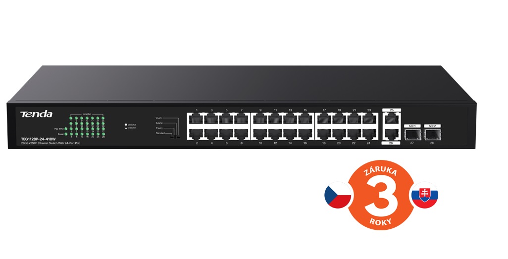 Obrázek Tenda TEG1128P-24-410W PoE+ Gigabit switch 24x 1Gb/s PoE+ 802.3af/at + 2x SFP + 2x RJ45, 370W, Rack