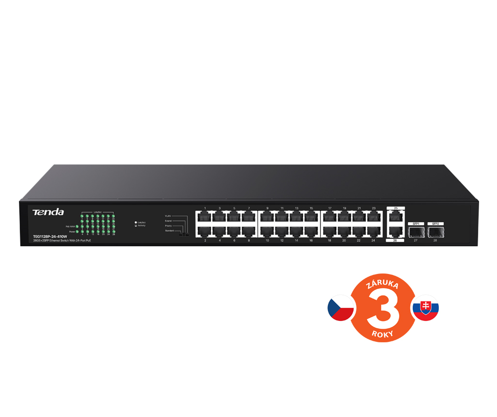 Obrázek Tenda TEG1128P-24-410W PoE+ Gigabit switch 24x 1Gb/s PoE+ 802.3af/at + 2x SFP + 2x RJ45, 370W, Rack