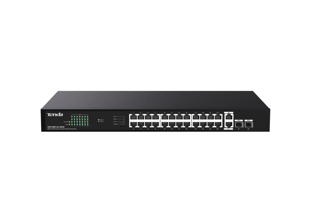 Obrázek Tenda TEG1128P-24-250W PoE+ Gigabit switch 24x 1Gb/s PoE+ 802.3af/at + 2x SFP + 2x RJ45, 230W, Rack