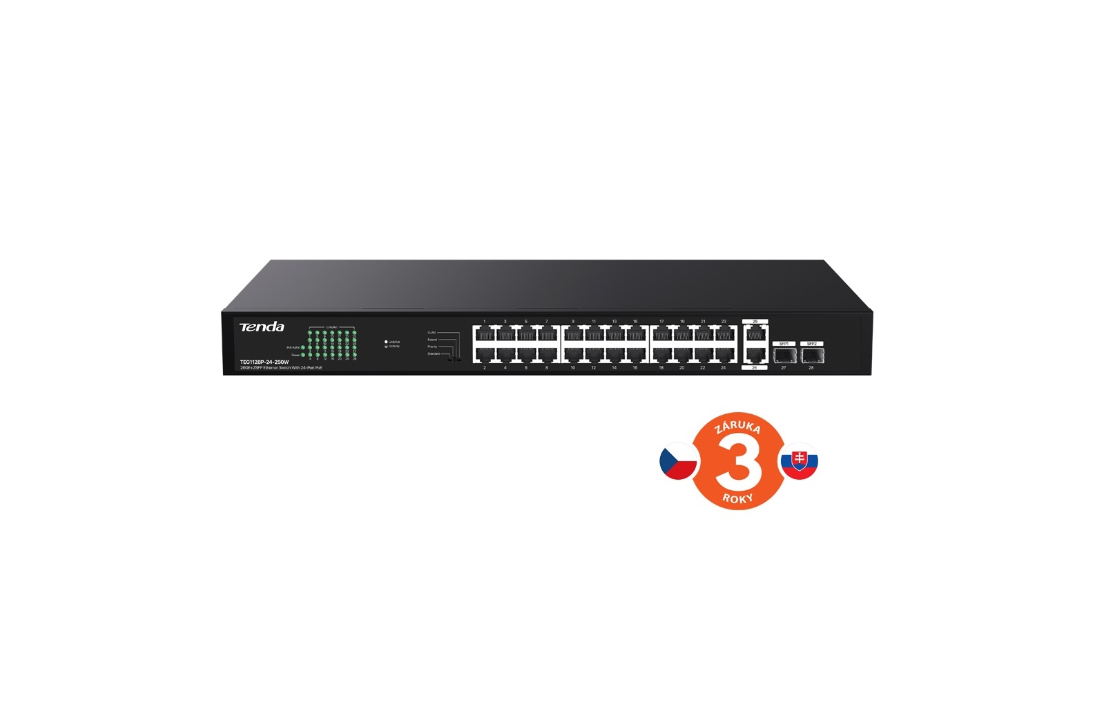 Obrázek Tenda TEG1128P-24-250W PoE+ Gigabit switch 24x 1Gb/s PoE+ 802.3af/at + 2x SFP + 2x RJ45, 230W, Rack