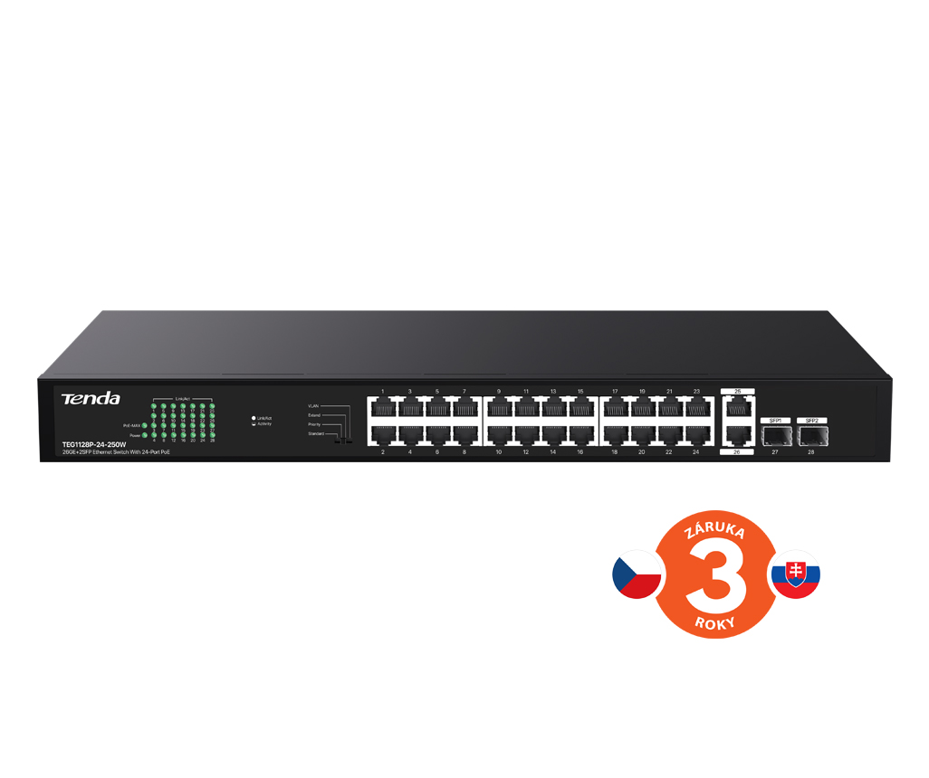 Obrázek Tenda TEG1128P-24-250W PoE+ Gigabit switch 24x 1Gb/s PoE+ 802.3af/at + 2x SFP + 2x RJ45, 230W, Rack