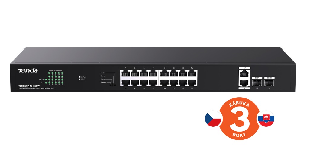 Obrázek Tenda TEG1120P-16-250W PoE+ Gigabit switch 16x 1Gb/s PoE+ 802.3af/at + 2x SFP + 2x RJ45, 230W, Rack