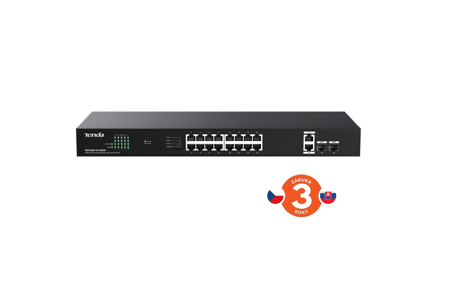 Obrázek Tenda TEG1120P-16-250W PoE+ Gigabit switch 16x 1Gb/s PoE+ 802.3af/at + 2x SFP + 2x RJ45, 230W, Rack