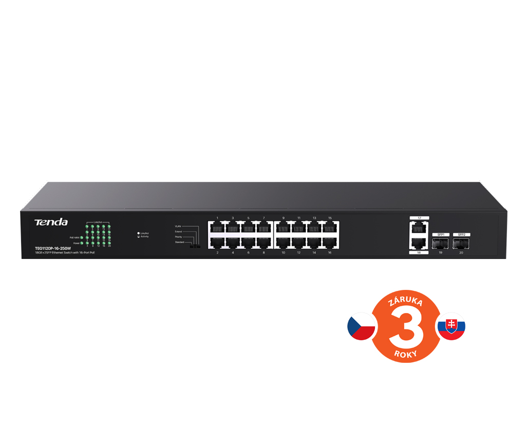 Obrázek Tenda TEG1120P-16-250W PoE+ Gigabit switch 16x 1Gb/s PoE+ 802.3af/at + 2x SFP + 2x RJ45, 230W, Rack