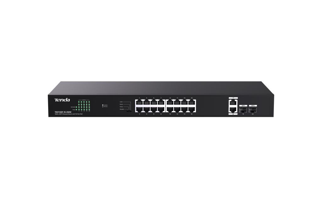 Obrázek Tenda TEG1120P-16-250W PoE+ Gigabit switch 16x 1Gb/s PoE+ 802.3af/at + 2x SFP + 2x RJ45, 230W, Rack