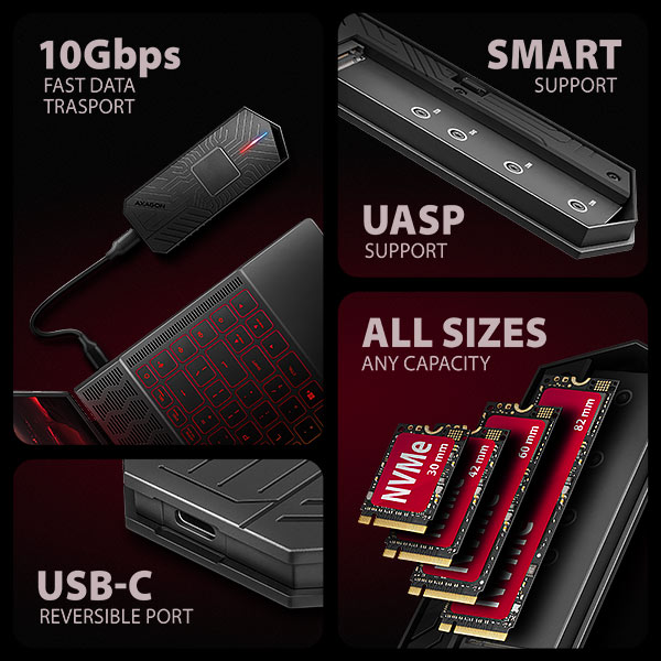 Obrázek AXAGON EEM2-GAM, USB-C 10Gbps - NVMe & SATA SSD GAME M.2 box, bezšroubkový