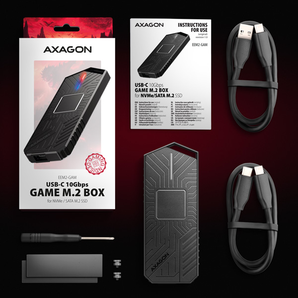 Obrázek AXAGON EEM2-GAM, USB-C 10Gbps - NVMe & SATA SSD GAME M.2 box, bezšroubkový