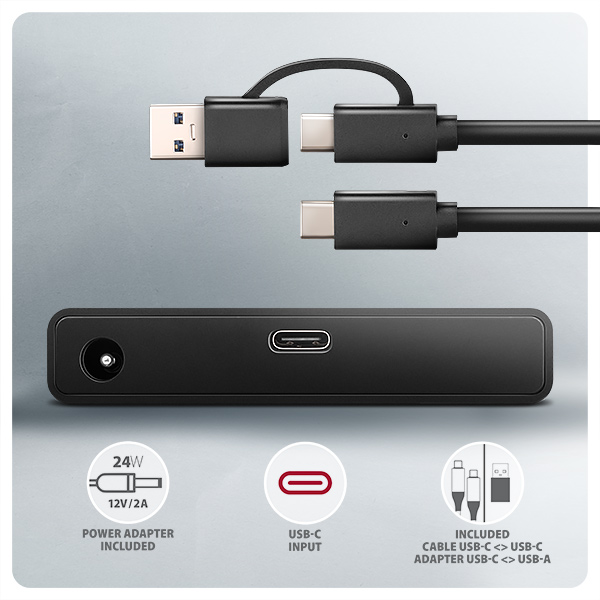 Obrázek AXAGON ADSA-FPX, USB-C 10Gbps - SATA 6G, 2.5"/3.5" SSD/HDD FAST PORT X adaptér, vč. AC napáječe