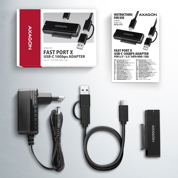 Obrázek AXAGON ADSA-FPX, USB-C 10Gbps - SATA 6G, 2.5"/3.5" SSD/HDD FAST PORT X adaptér, vč. AC napáječe