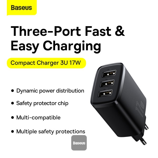 Obrázek Baseus nabíječka do sítě Compact 3xUSB 17W černá