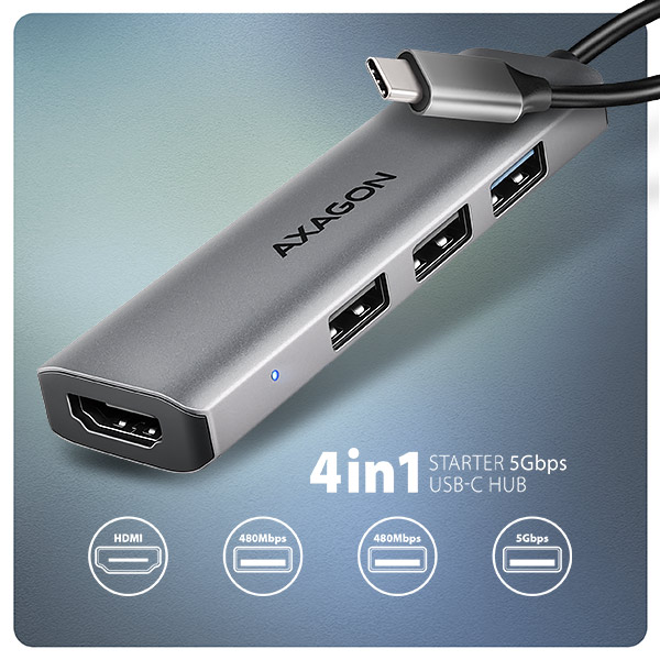 Obrázek AXAGON HMC-H3A, USB 5Gbps hub, 3x USB-A, HDMI 4k/30Hz, kabel USB-C 15cm