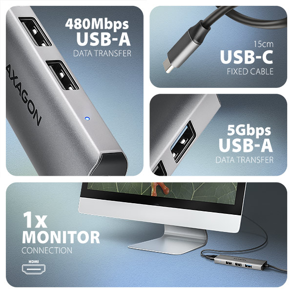 Obrázek AXAGON HMC-H3A, USB 5Gbps hub, 3x USB-A, HDMI 4k/30Hz, kabel USB-C 15cm