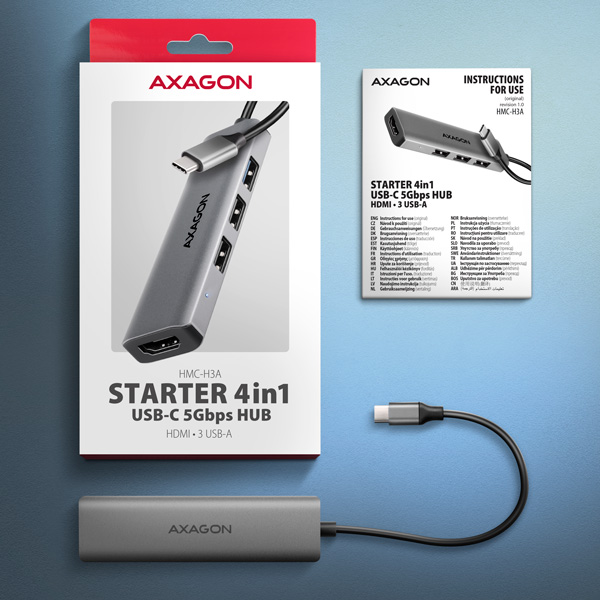 Obrázek AXAGON HMC-H3A, USB 5Gbps hub, 3x USB-A, HDMI 4k/30Hz, kabel USB-C 15cm