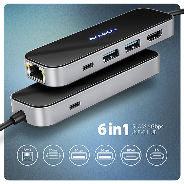 Obrázek AXAGON HMC-6GLN, USB 5Gbps hub, 2x USB-A, USB-C, HDMI 4k/60Hz, RJ-45 GLAN, PD 100W, kabel USB-C 20cm