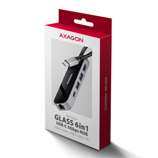 Obrázek AXAGON HMC-6GLN, USB 5Gbps hub, 2x USB-A, USB-C, HDMI 4k/60Hz, RJ-45 GLAN, PD 100W, kabel USB-C 20cm